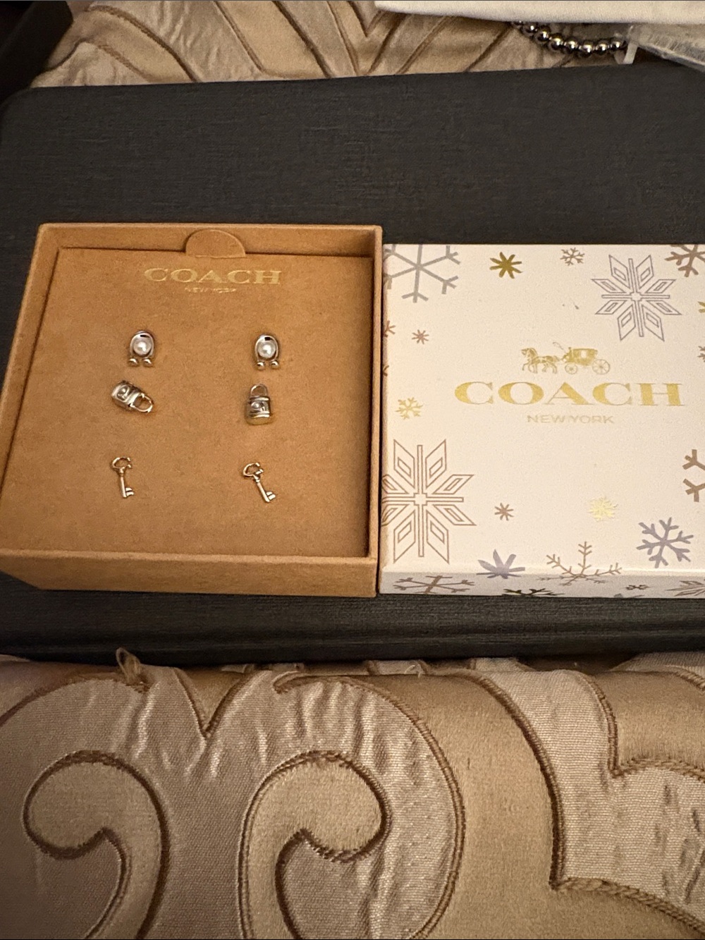 Coach Silver-Tone Key & Lock Charm Earring Set
